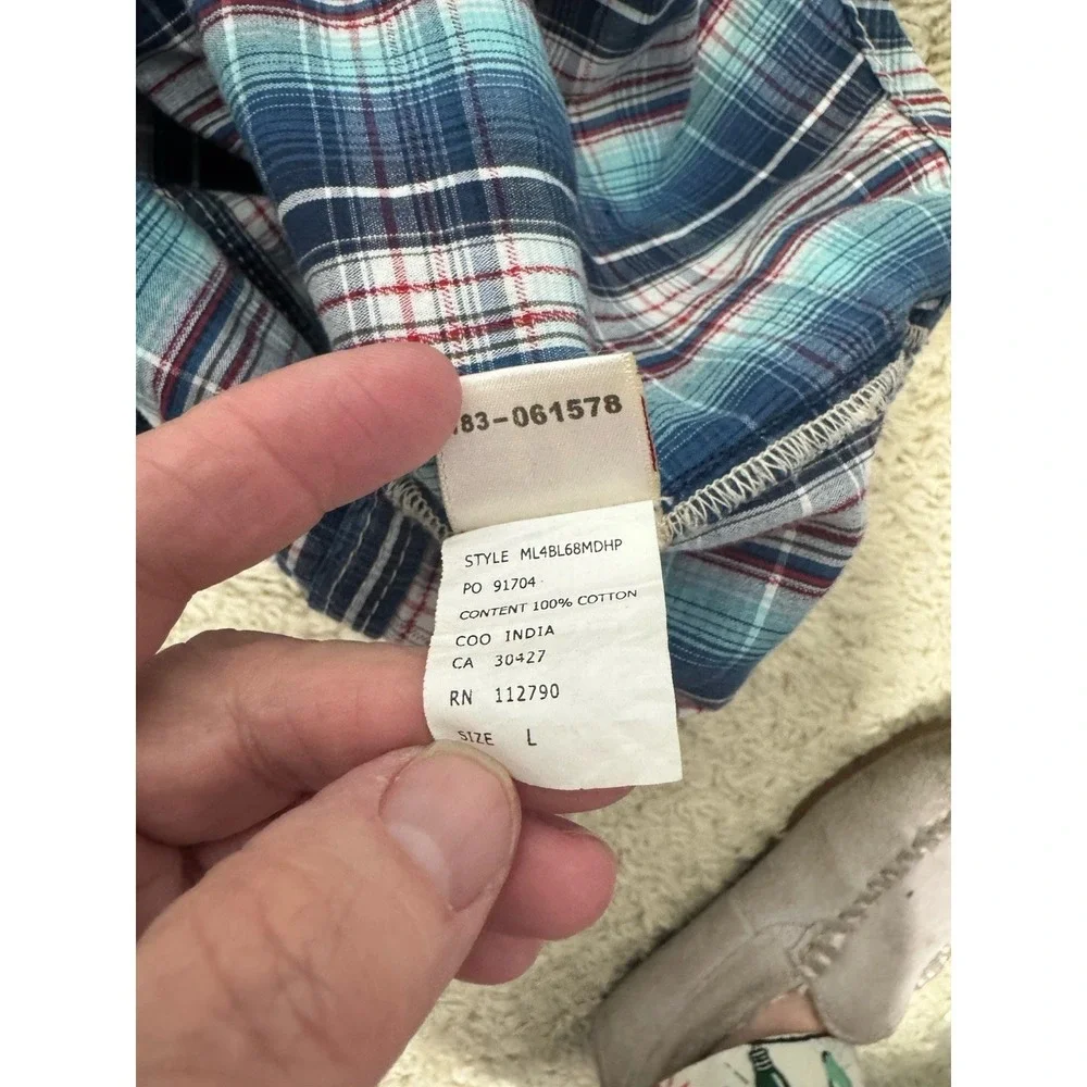True Religion Long Sleeve Blue Plaid Pearl Snap Up Pocket Shirt Men's L Western